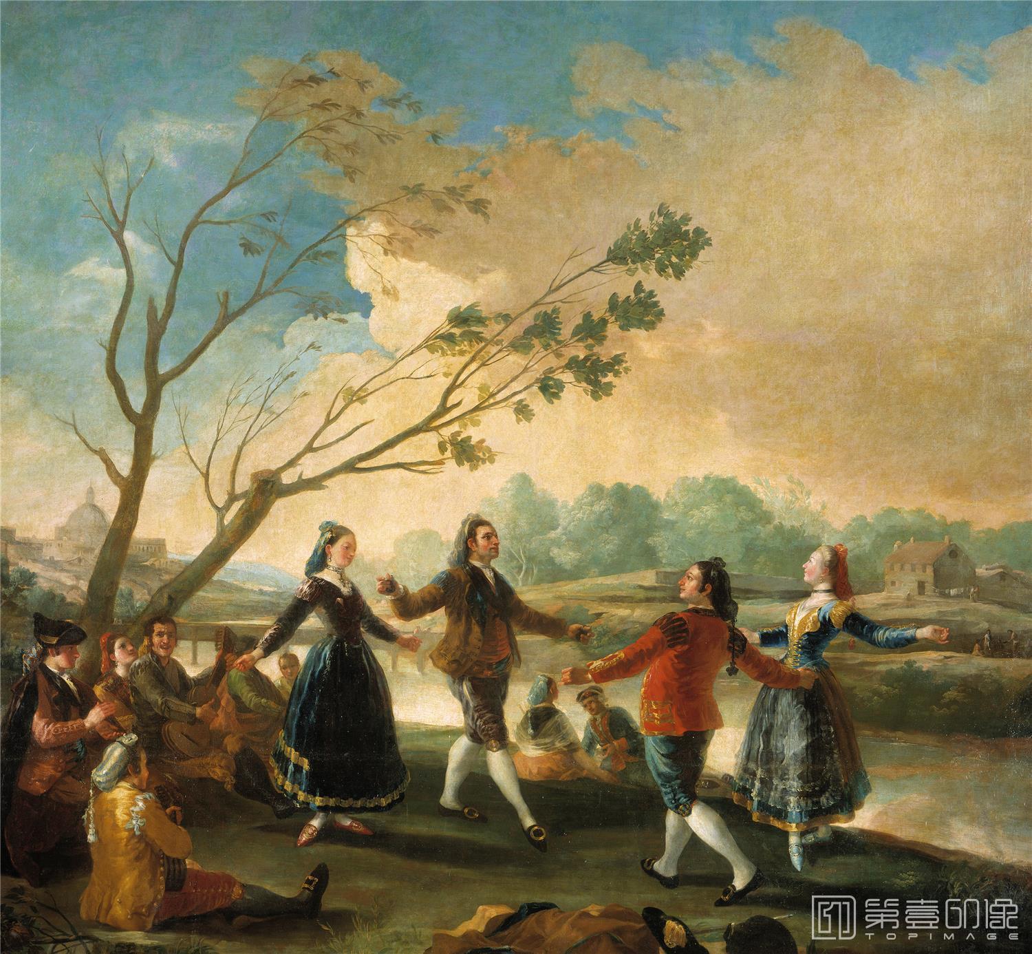 油画-西班牙普拉多美术馆油画藏画-Goya y Lucientes, Francisco de-Baile a orillas del Manzanares-272cm x 295cm-1066